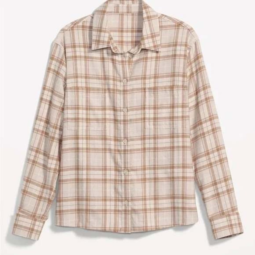 Old Navy Cropped Plaid Flannel Boyfriend Shirt Cream Fall Neutral‎ Womens L Tall